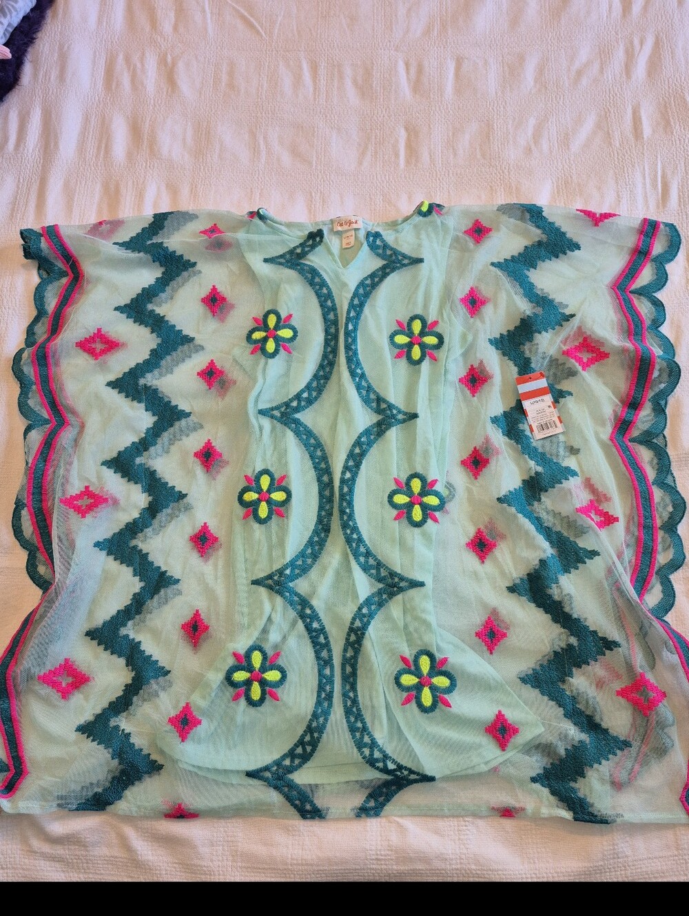 Cat & Jack girls size Large or 10/12 kaftan style tank dress, teal neon pink NWT